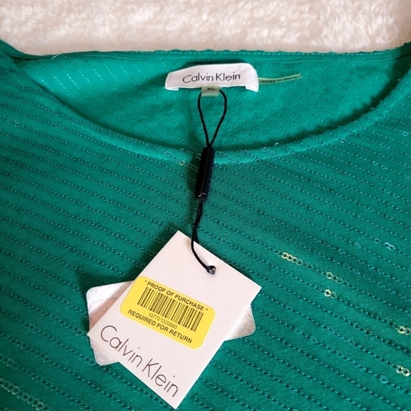 NWT Calvin Klein Kelly Green Elegant Long Sleeve Sequin Blouse Top Size XL - Picture 3 of 4